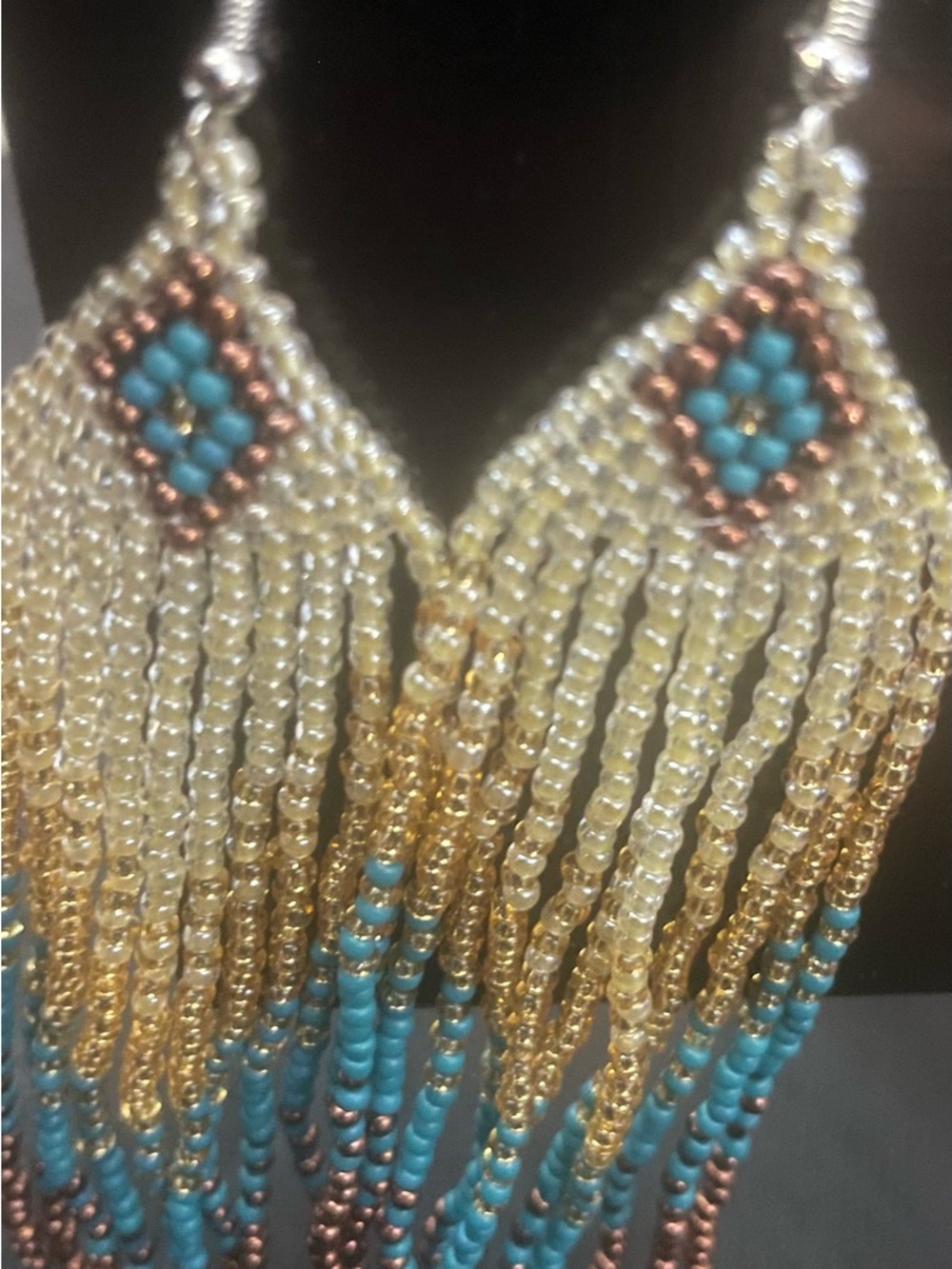 Beaded Fringe Statement Earrings - Turquoise & Gold - Picture 2 of 3